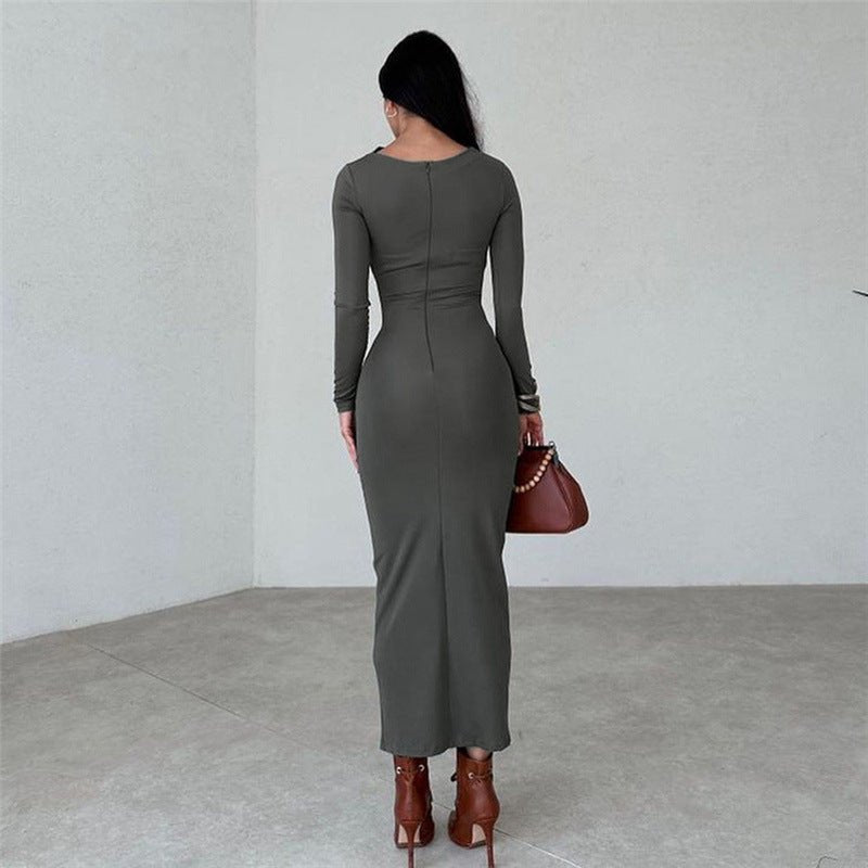 Autumn Winter Women Clothing Round Neck Long Sleeve Slim Sheath SolidWomen's Clothing - Rise and Effect