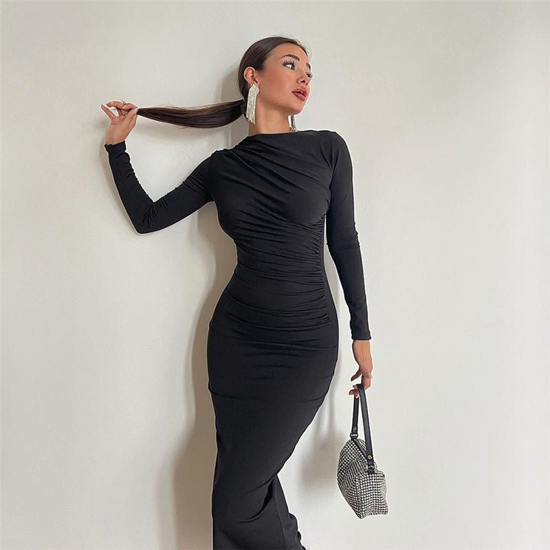 Autumn Winter Women Clothing Round Neck Long Sleeve Slim Sheath SolidWomen's Clothing - Rise and Effect