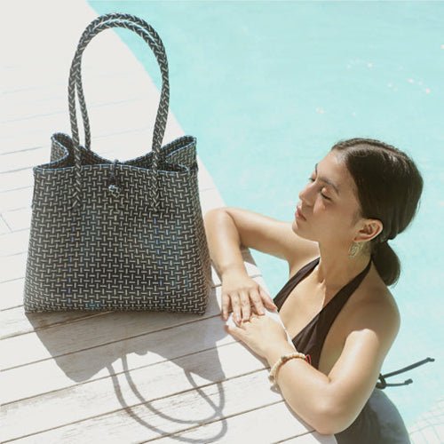 Toko Recycled Woven Tote Bag, in NavyTotes & Beach Bags - Rise and Effect